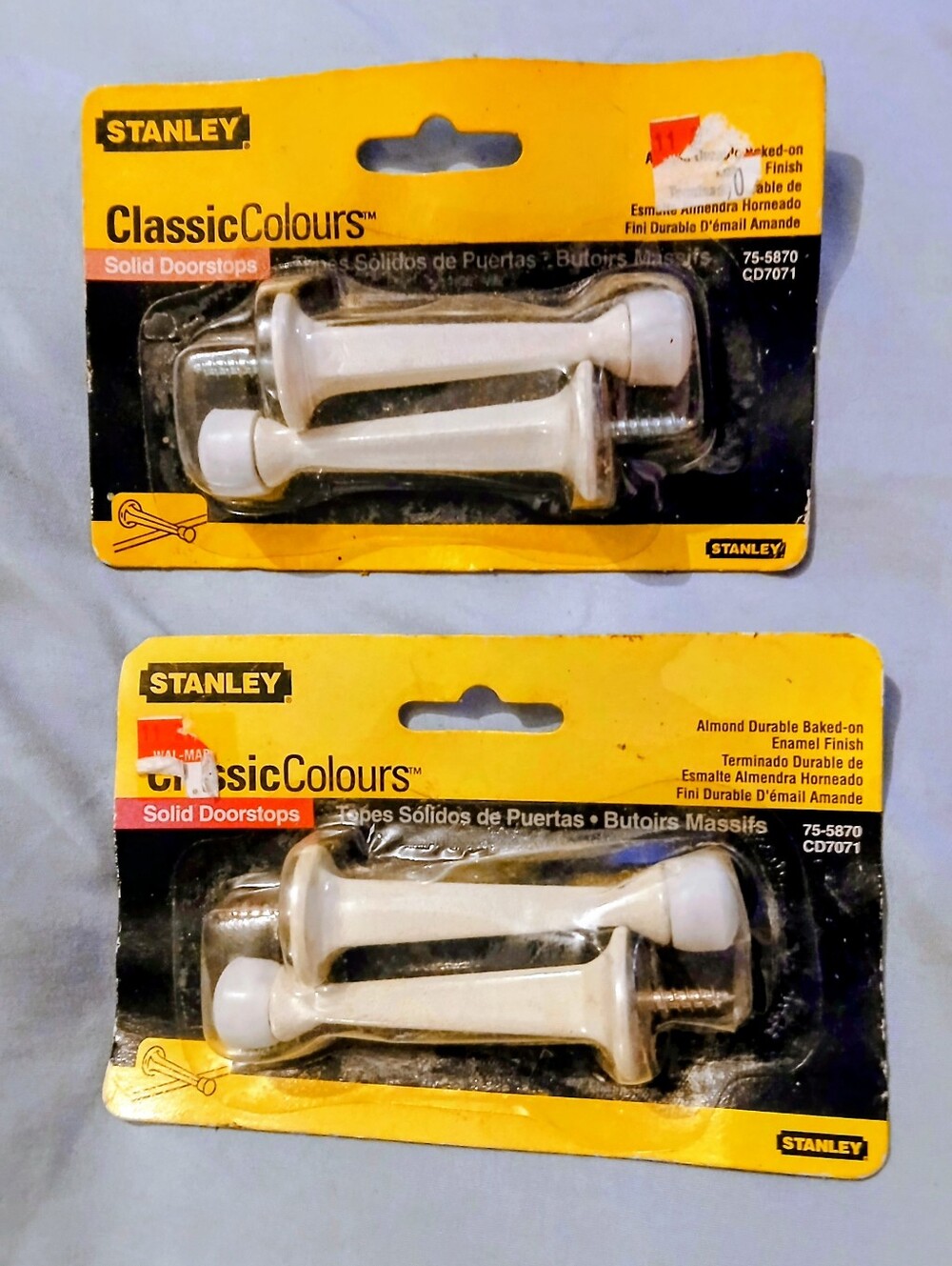 2- 2 Packs- NWT Stanley Almond Finish Solid Doorstops -